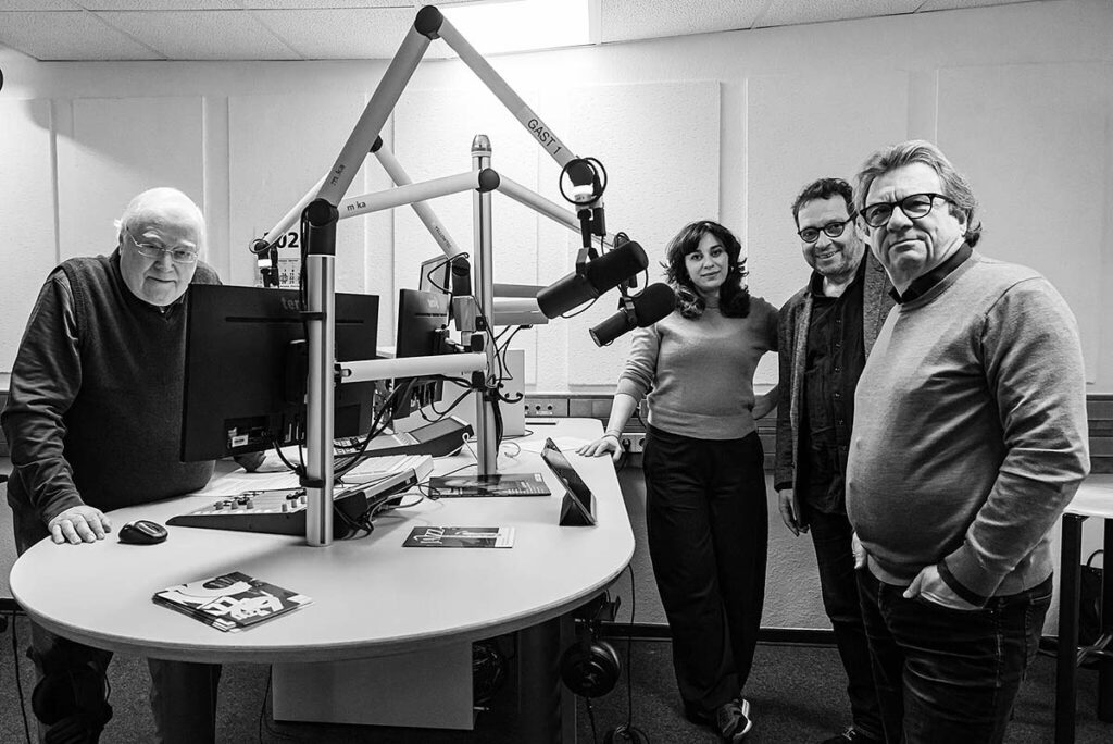 Jazz49 bei OSRadio 104,8: Gastgeber Klaus Pott, Shabnam Parvaresh, Ralf Döring und Frank Otte.